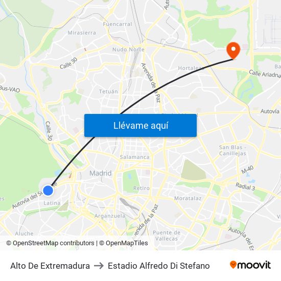 Alto De Extremadura to Estadio Alfredo Di Stefano map