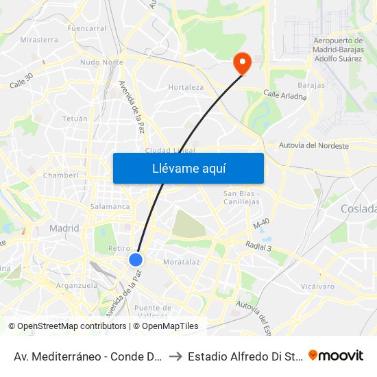 Av. Mediterráneo - Conde De Casal to Estadio Alfredo Di Stefano map