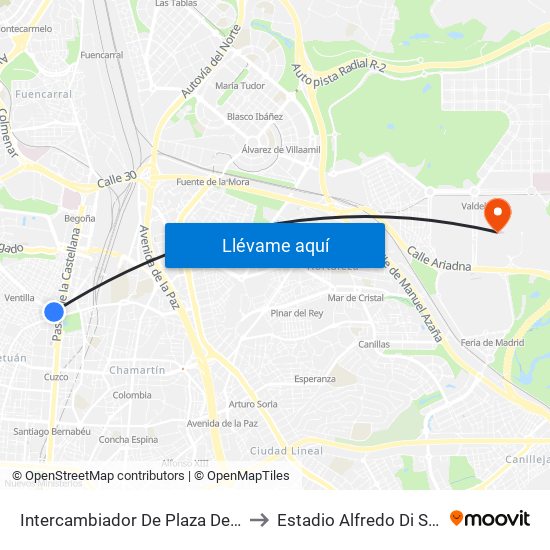 Intercambiador De Plaza De Castilla to Estadio Alfredo Di Stefano map