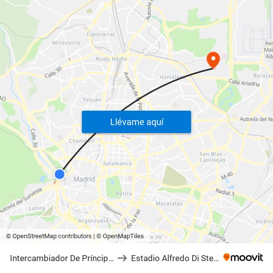 Intercambiador De Príncipe Pío to Estadio Alfredo Di Stefano map