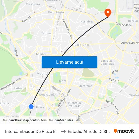 Intercambiador De Plaza Elíptica to Estadio Alfredo Di Stefano map