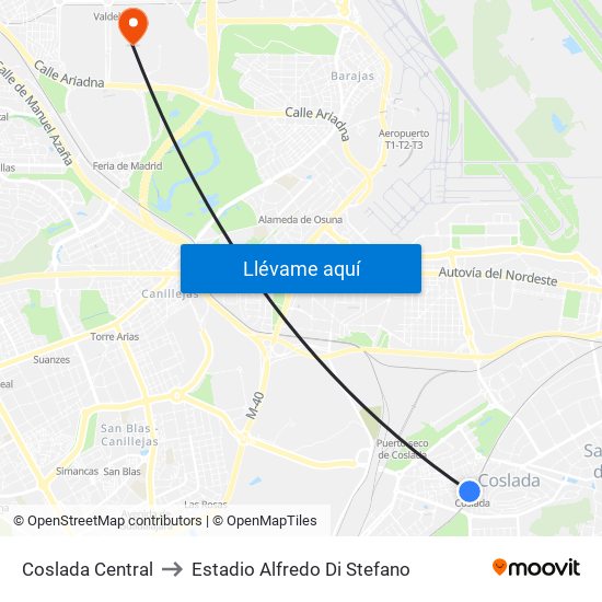 Coslada Central to Estadio Alfredo Di Stefano map