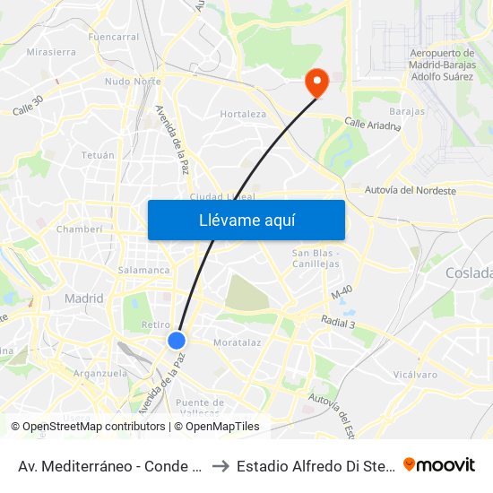 Av. Mediterráneo - Conde Casal to Estadio Alfredo Di Stefano map