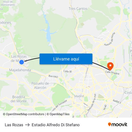 Las Rozas to Estadio Alfredo Di Stefano map