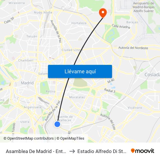 Asamblea De Madrid - Entrevías to Estadio Alfredo Di Stefano map