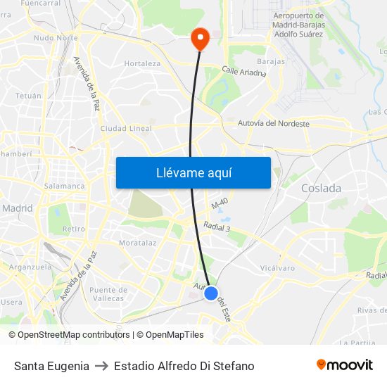 Santa Eugenia to Estadio Alfredo Di Stefano map