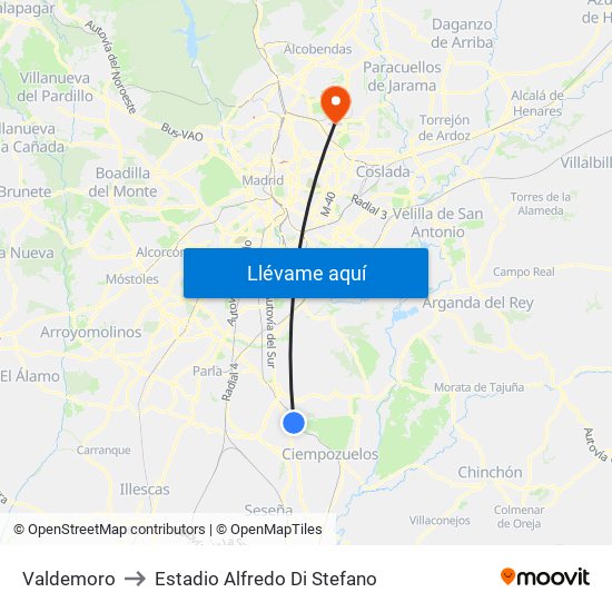 Valdemoro to Estadio Alfredo Di Stefano map