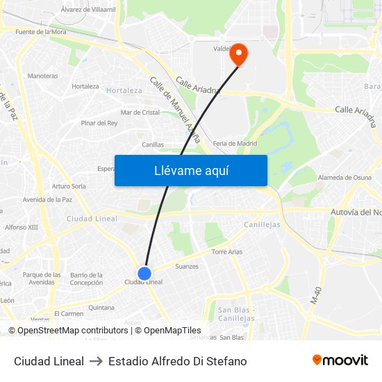 Ciudad Lineal to Estadio Alfredo Di Stefano map