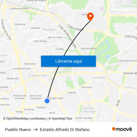 Pueblo Nuevo to Estadio Alfredo Di Stefano map