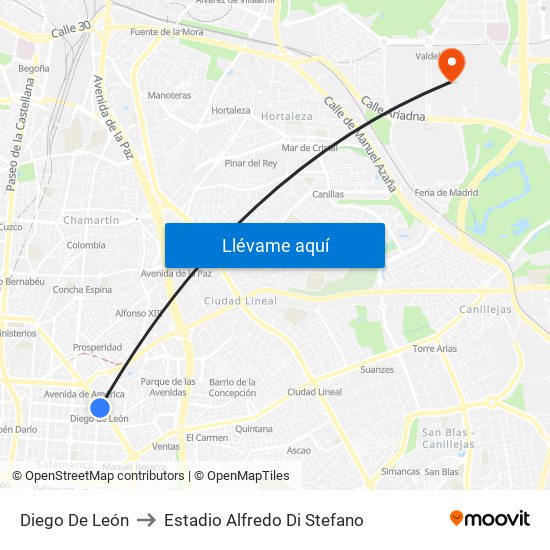 Diego De León to Estadio Alfredo Di Stefano map