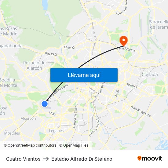 Cuatro Vientos to Estadio Alfredo Di Stefano map