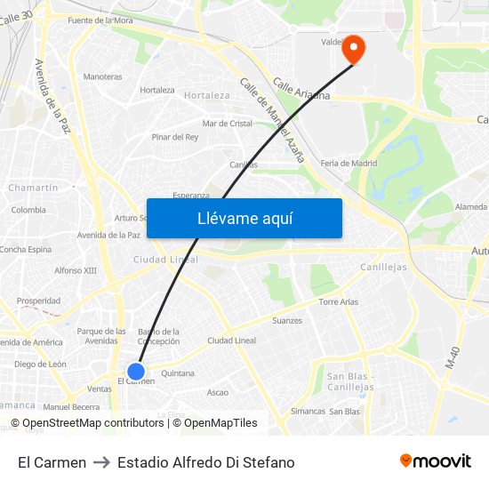 El Carmen to Estadio Alfredo Di Stefano map