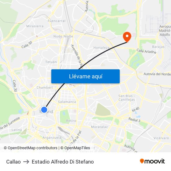 Callao to Estadio Alfredo Di Stefano map