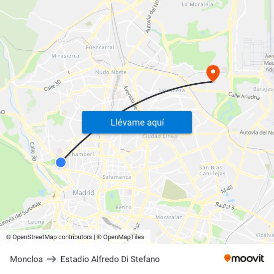 Moncloa to Estadio Alfredo Di Stefano map