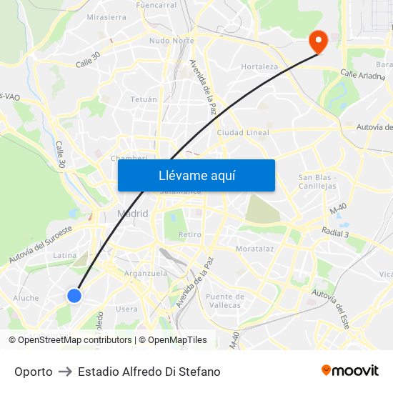 Oporto to Estadio Alfredo Di Stefano map