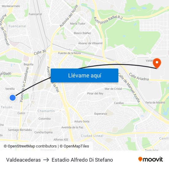 Valdeacederas to Estadio Alfredo Di Stefano map