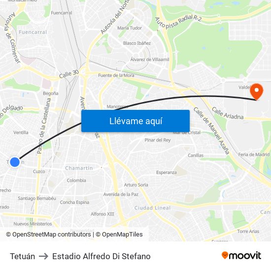 Tetuán to Estadio Alfredo Di Stefano map