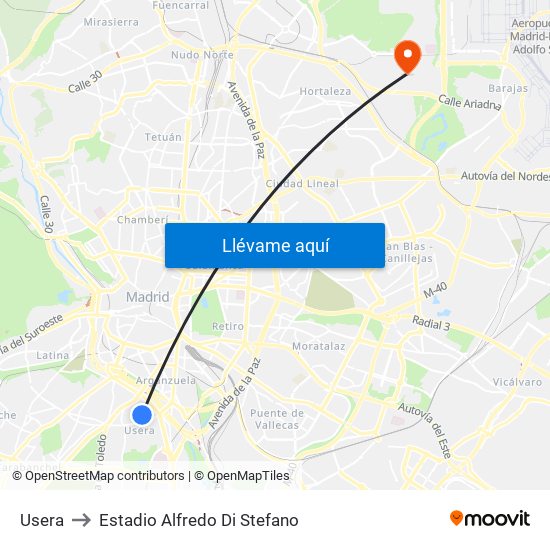 Usera to Estadio Alfredo Di Stefano map