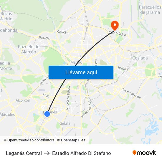 Leganés Central to Estadio Alfredo Di Stefano map