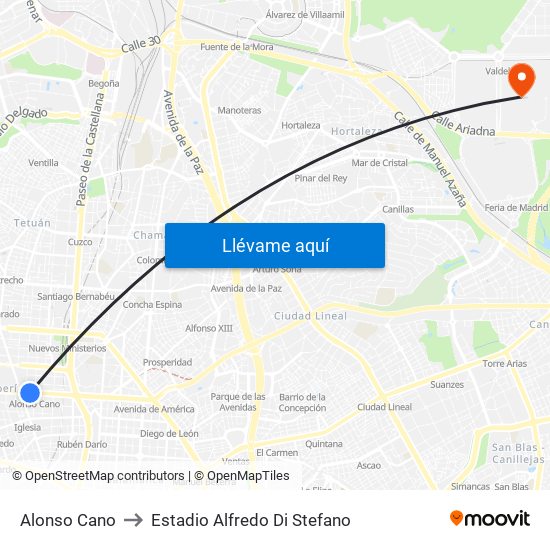 Alonso Cano to Estadio Alfredo Di Stefano map