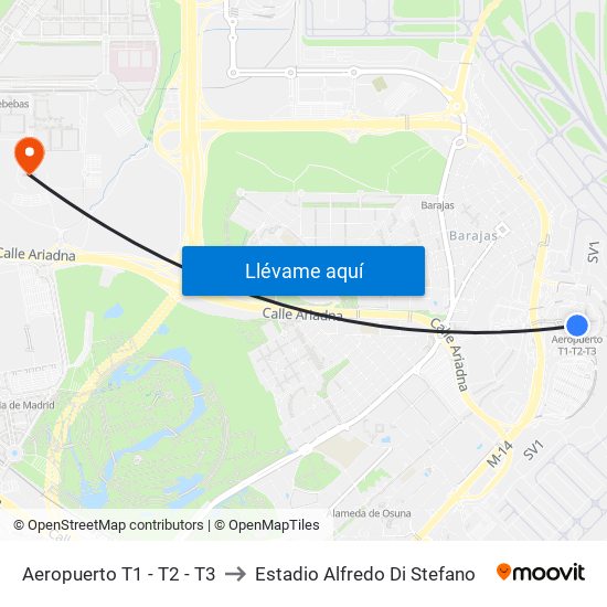 Aeropuerto T1 - T2 - T3 to Estadio Alfredo Di Stefano map