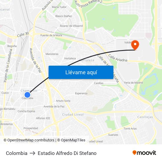 Colombia to Estadio Alfredo Di Stefano map