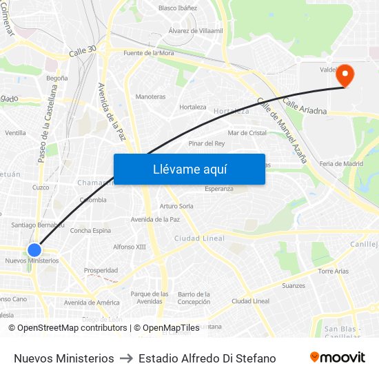 Nuevos Ministerios to Estadio Alfredo Di Stefano map