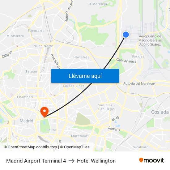 Madrid Airport Terminal 4 to Hotel Wellington map