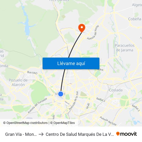 Gran Vía - Montera to Centro De Salud Marqués De La Valdavia map