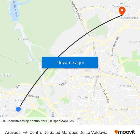 Aravaca to Centro De Salud Marqués De La Valdavia map