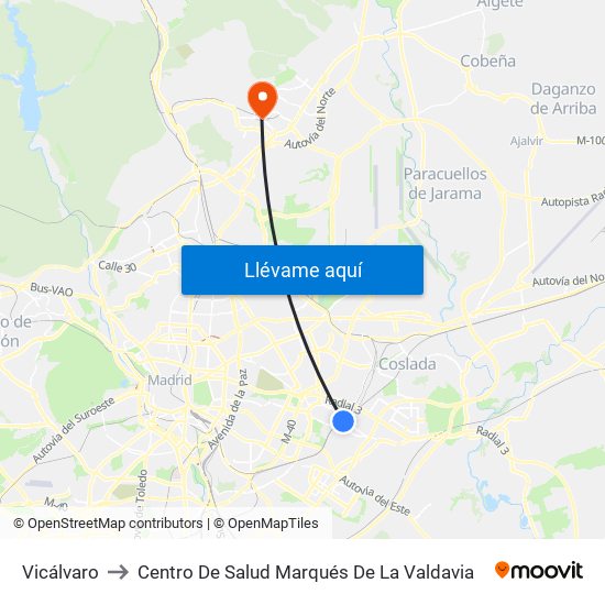 Vicálvaro to Centro De Salud Marqués De La Valdavia map