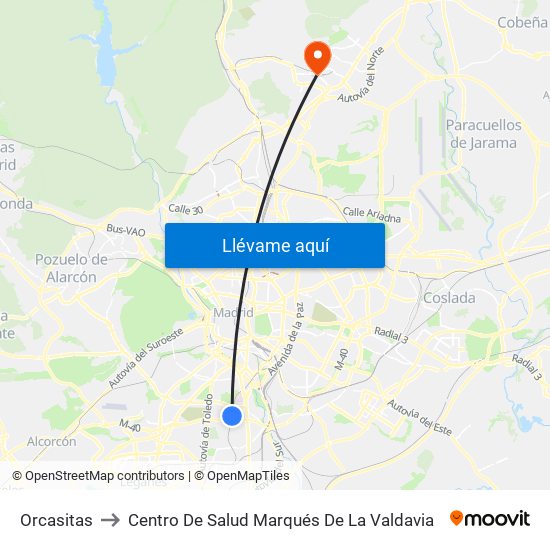 Orcasitas to Centro De Salud Marqués De La Valdavia map