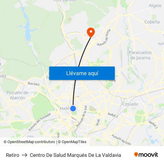 Retiro to Centro De Salud Marqués De La Valdavia map