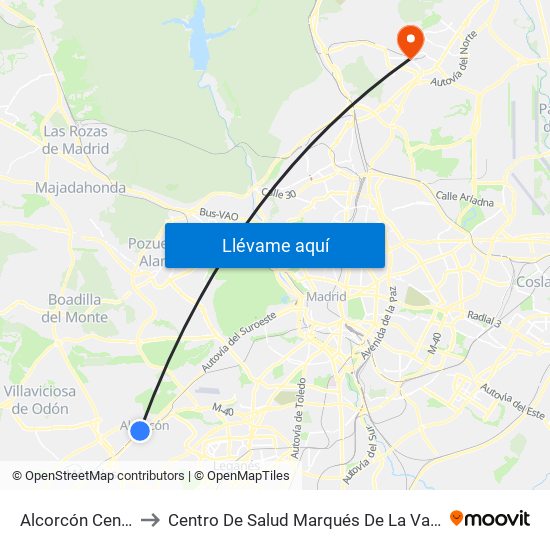 Alcorcón Central to Centro De Salud Marqués De La Valdavia map