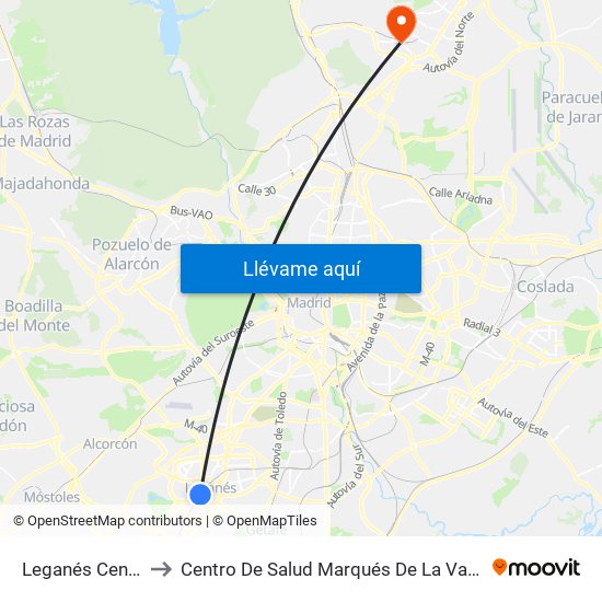 Leganés Central to Centro De Salud Marqués De La Valdavia map