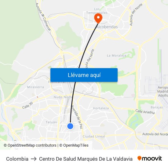 Colombia to Centro De Salud Marqués De La Valdavia map