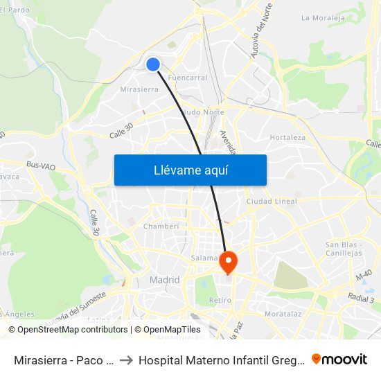 Mirasierra - Paco De Lucía to Hospital Materno Infantil Gregorio Marañón map