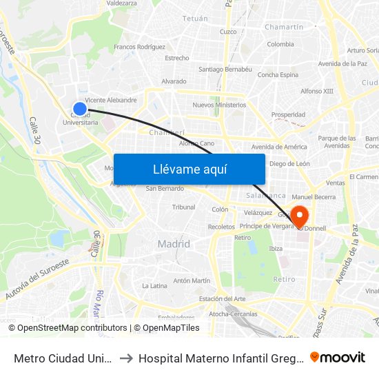 Metro Ciudad Universitaria to Hospital Materno Infantil Gregorio Marañón map