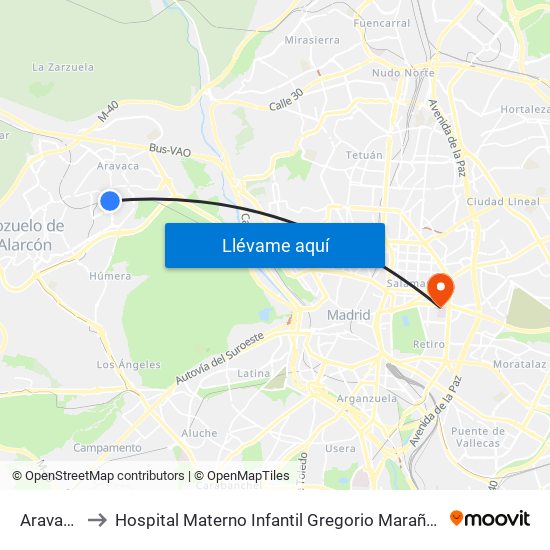 Aravaca to Hospital Materno Infantil Gregorio Marañón map