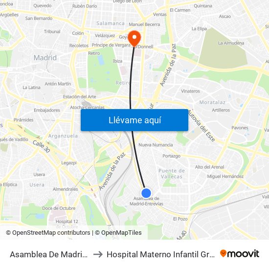 Asamblea De Madrid - Entrevías to Hospital Materno Infantil Gregorio Marañón map