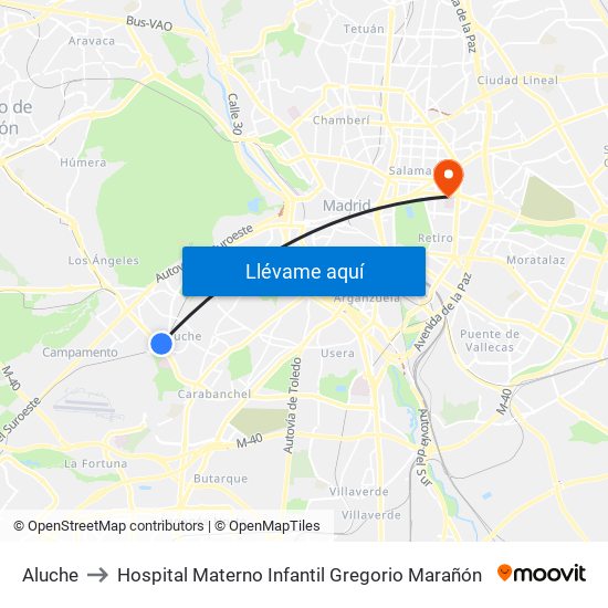 Aluche to Hospital Materno Infantil Gregorio Marañón map