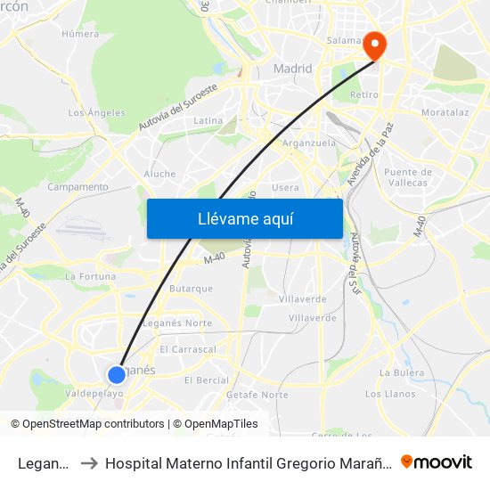 Leganés to Hospital Materno Infantil Gregorio Marañón map