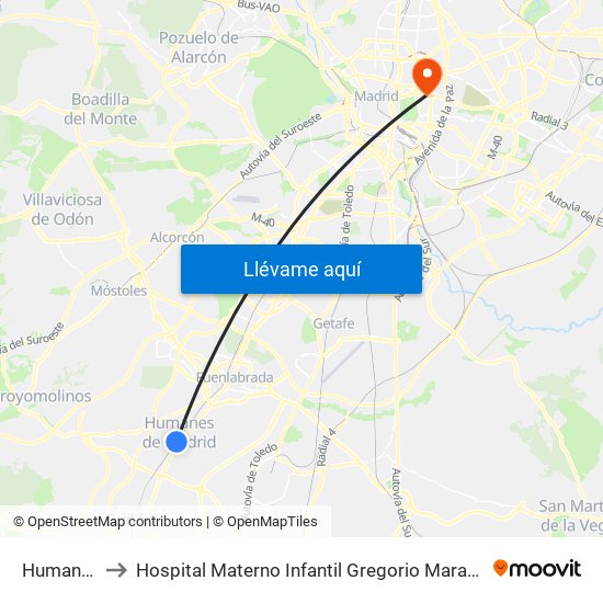 Humanes to Hospital Materno Infantil Gregorio Marañón map