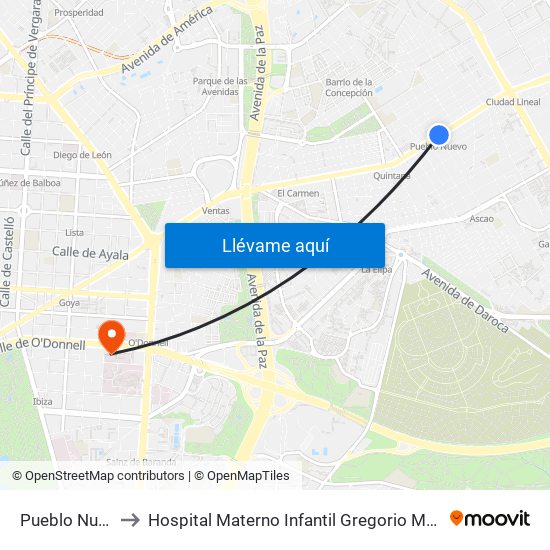 Pueblo Nuevo to Hospital Materno Infantil Gregorio Marañón map