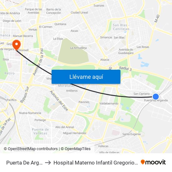 Puerta De Arganda to Hospital Materno Infantil Gregorio Marañón map