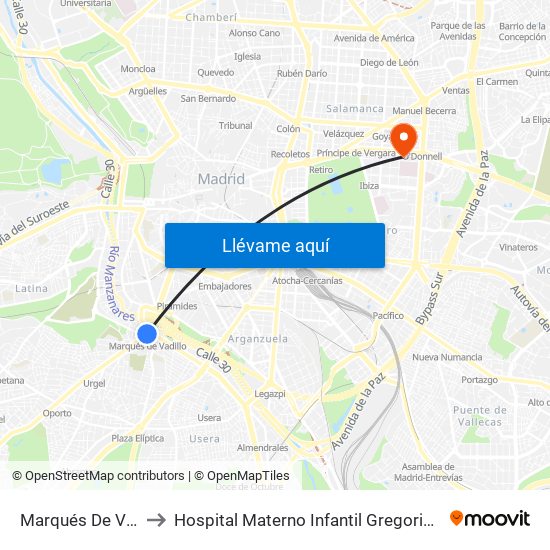 Marqués De Vadillo to Hospital Materno Infantil Gregorio Marañón map
