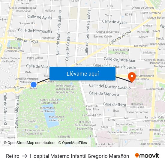 Retiro to Hospital Materno Infantil Gregorio Marañón map