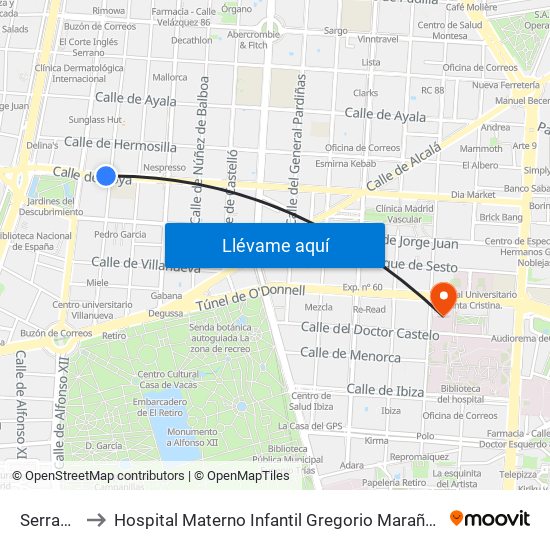 Serrano to Hospital Materno Infantil Gregorio Marañón map