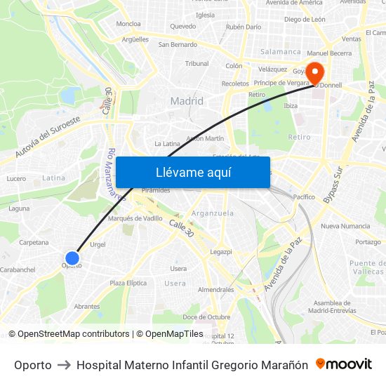 Oporto to Hospital Materno Infantil Gregorio Marañón map
