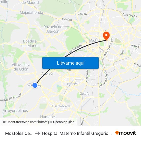 Móstoles Central to Hospital Materno Infantil Gregorio Marañón map